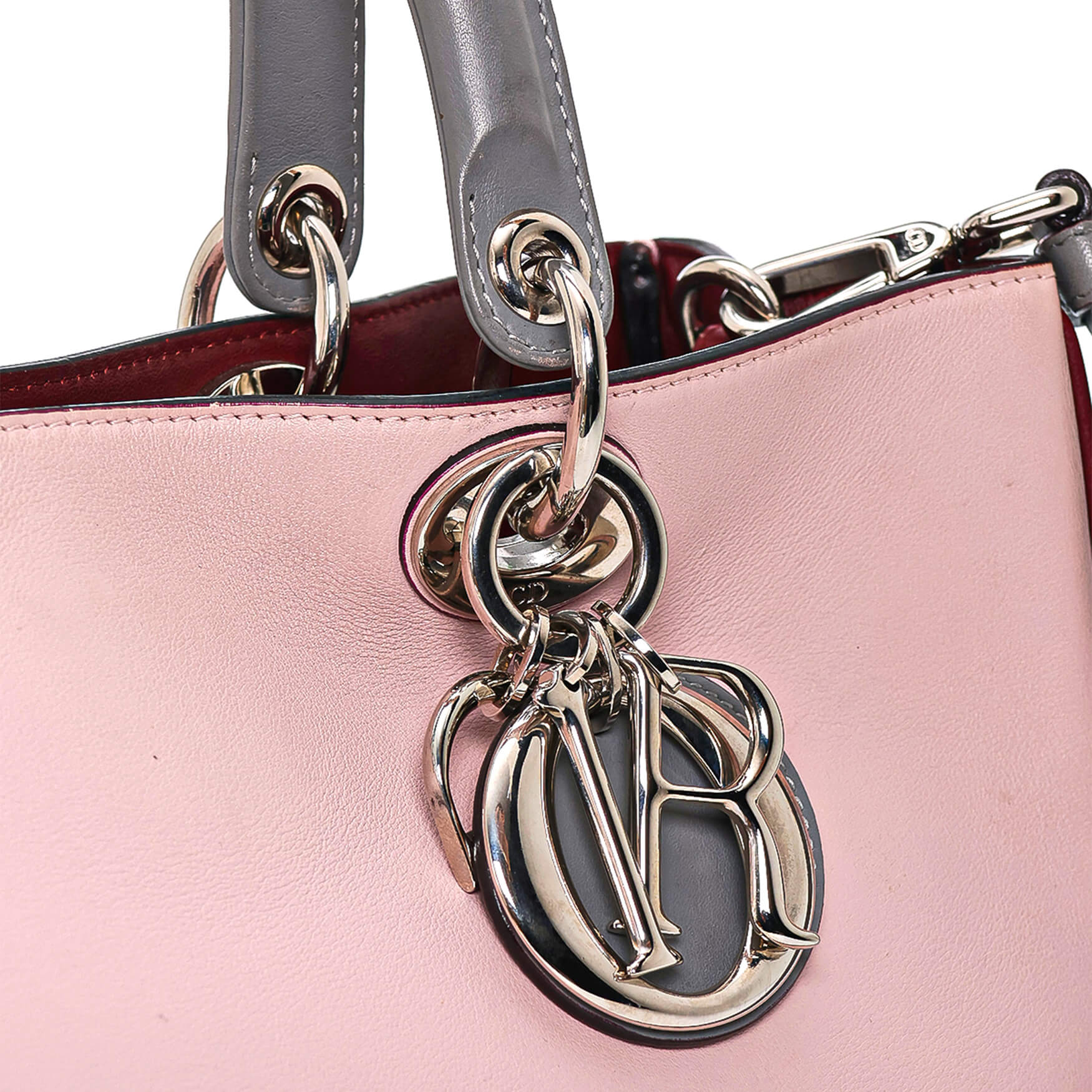 Christian Dior - Powder Pink&Grey Calfskin Leather Lady Dior Medium Bag